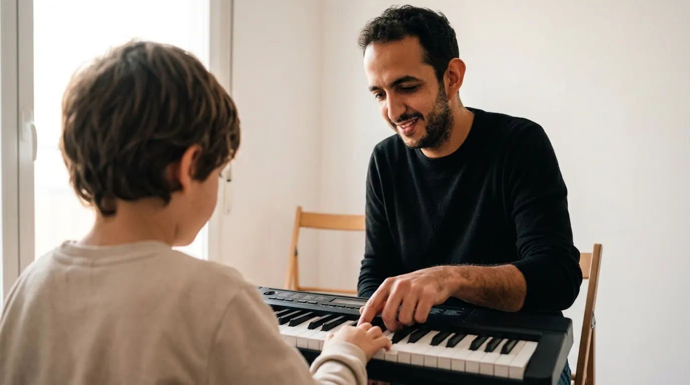 Sesión individual con un niño al teclado