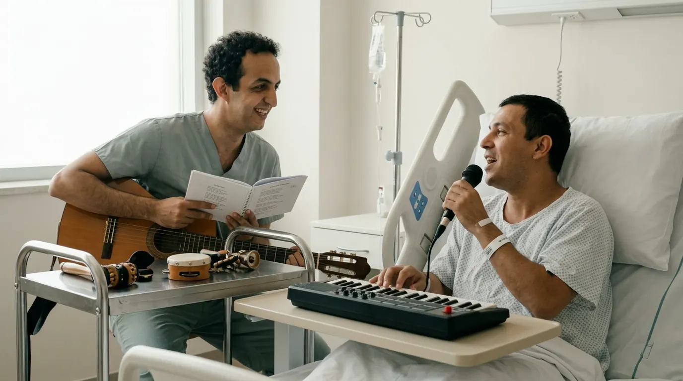 Sesión de musicoterapia en una habitación de hospital